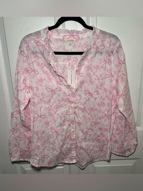 Lucky Brand Pink Bow Floral Ruffle Button Front Blouse NWT Medium